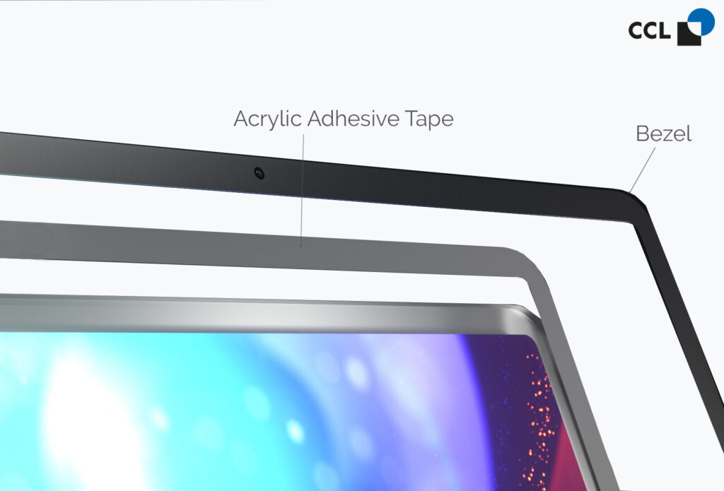 Showing the bezel and adhesive strip of the display