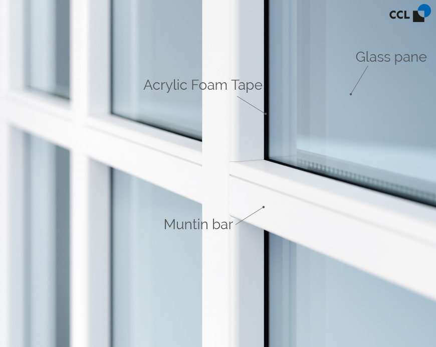 Muntin bar attached to glass pane with Acrylic Foam Tape
